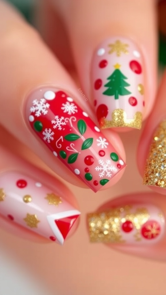 Close-up of Christmas nail art with red, green, and gold designs, featuring snowflakes and glitter.
